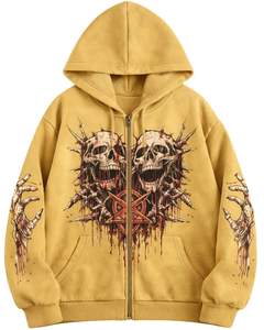 Sudadera con Capucha Personalizada Amarillo Mostaza con Gráfico de Doble Calavera, Estilo Gótico Urbano, Sudadera de Felpa con Estilo Lavado Ácido, Ropa Personalizada para Hombre - Product Image 1