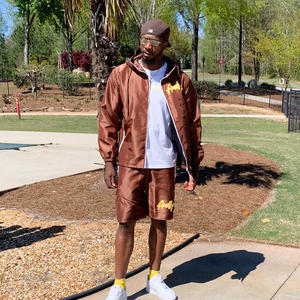 Chaqueta cortavientos de verano para hombre y conjuntos cortos de nailon marrón sólido con cremallera al por mayor técnicas impresas de talla grande - Product Image 4