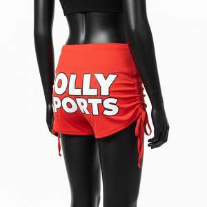 Shorts de mujer de poliéster y elastano de alta elasticidad, color rojo, con diseño de panel lateral fruncido y logotipo personalizado con serigrafía. - Product Image 5