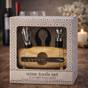 Ensemble d'outils à vin avec <span class=keywords><strong>tire</strong></span>-<span class=keywords><strong>bouchon</strong></span> en forme de baril en bois, ouvre-bouteille, <span class=keywords><strong>bouchon</strong></span>, verseur – <span class=keywords><strong>Coffret</strong></span> cadeau pour la vente en gros et la personnalisation - Product Image 1