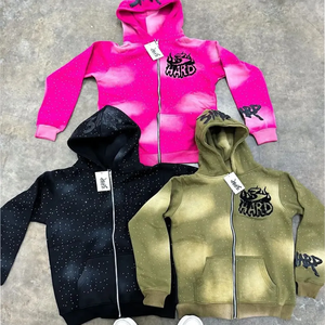 Sweat à capuche zippé pour homme 100% coton délavé à l'acide avec strass, logo brodé, effet soleil délavé, écologique, respirant, couleurs personnalisables, 380g - Product Image 4