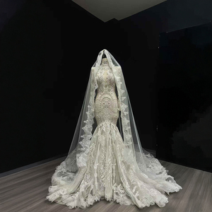 Robe de mariée sirène luxueuse et moderne NT84 à col montant, broderies florales en dentelle, appliques en cristal, coupe ajustée, traîne chapelle, pour soirée - Product Image 1