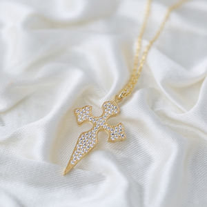 <b>Cross</b> Design Clear Zircon Stone Charm Pendant Turkish Handmade Wholesale 925 Sterling Silver Jewelry - Product Image 4