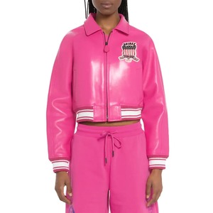 Chaqueta de cuero rosa de vuelo americano en chaqueta de cuero de vaca auténtica chaqueta de cuero de bombardero recortada personalizada Avirex para mujer - Product Image 3