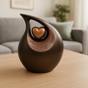 Urnes funéraires artisanales en forme de larme, personnalisables et gravées, Cœur d'amour, pour cendres humaines, 11x8 pouces, Marron et Cuivre - Product Image 3