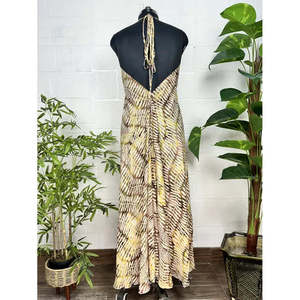 <b>Boho</b> Chic <b>Summer</b> Maxi <b>Dress</b> New Silk Magic Halter Leaf Design Beige Brown One Fits XS Elegant Leisure Beach Club Day Holidays - Product Image 5