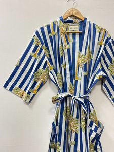 Cotton Floral V-neck Front Logo Printed <b>Robe</b> Unisex Summer Gift for Him Full Length Drawstring Closure <b>Beach</b> Wear - Product Image 4