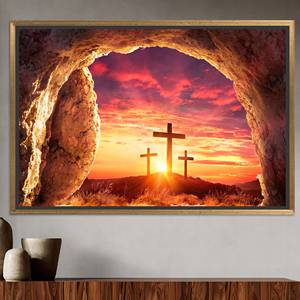 Lienzo Impreso Moderno: Elegante Arte de Pared con Cruz Cristiana en Vidrio Templado, Lienzo con Marco Dorado - Product Image 1