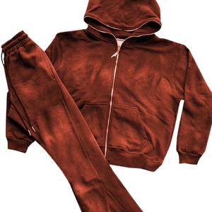 Ensemble survêtement à capuche zippé en molleton délavé marron pour homme, veste vintage, pantalon de jogging, tenue décontractée de rue surdimensionnée, hiver - Product Image 4