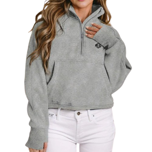 Pull en polaire à demi-zip pour femme, col montant, sweat-shirt avec trous pour les pouces, coupe décontractée, poche kangourou, fabrication de logo personnalisé - Product Image 1