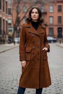 Manteau Blouson Double Boutonnage en Peau de Mouton Marron Teinte Unie Fait Main pour Femme Vintage Long Chaud Hiver Coupe-Vent Classique Automne - Product Image 6