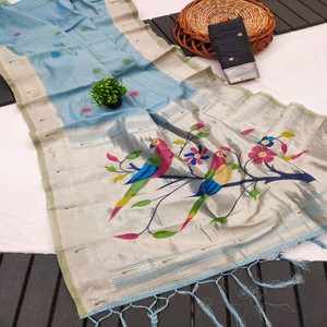 Sari VASTRA COTTAGE de Algodón Muga Puro y Suave con Tejido Meenakari, Pallu Rico con Borde de Zari Munia y Blusa de Algodón en Contraste - Product Image 4