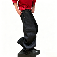 Jeans vintage noirs délavés pour hommes, coupe large, style streetwear, pantalon baggy avec broderies