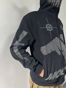 Sweat à capuche à fermeture éclair pour hommes personnalisé imprimé de strass Hip Hop Street Wear tissu polaire d'hiver de grande taille 100% coton - Product Image 5