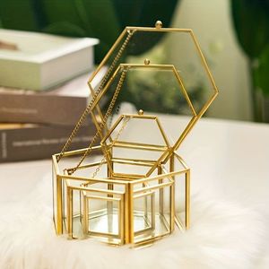 Handmade Brass Framed Hexagon Glass <b>Box</b> Decorative Jewelry Organizer Countertop Display Case Clear Glass Terrarium Storage <b>Box</b> - Product Image 4