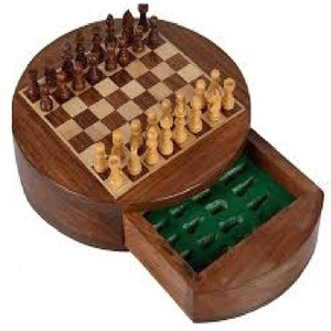 Bằng Gỗ Làm Bằng Tay Sang Trọng Bàn Cờ Trò Chơi Thiết Lập Hình Tròn Bằng Gỗ Trò Chơi Cờ Vua Với Drawl Không Gian Để Giữ Quân Cờ - Product Image 1