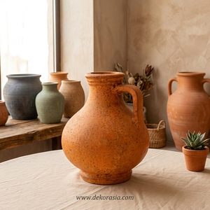 Vase en terre cuite rustique Mado Orange avec poignée, pot en argile artisanal, carafe décorative en céramique, urne de table en gros - Product Image 3