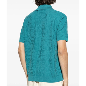 Camisa Formal para Hombre, Color Azul Turquesa Verde, Sólida, de Alta Calidad, 100% Algodón, Tejida, con Logotipo Bordado, Mangas Cortas, Frente Acanalado - Product Image 4