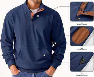 Sweat-shirt décontracté à manches longues en velours côtelé 100% pour homme, col montant, pull à boutons, automne 3D, broderie, poches à capuche - Product Image 3