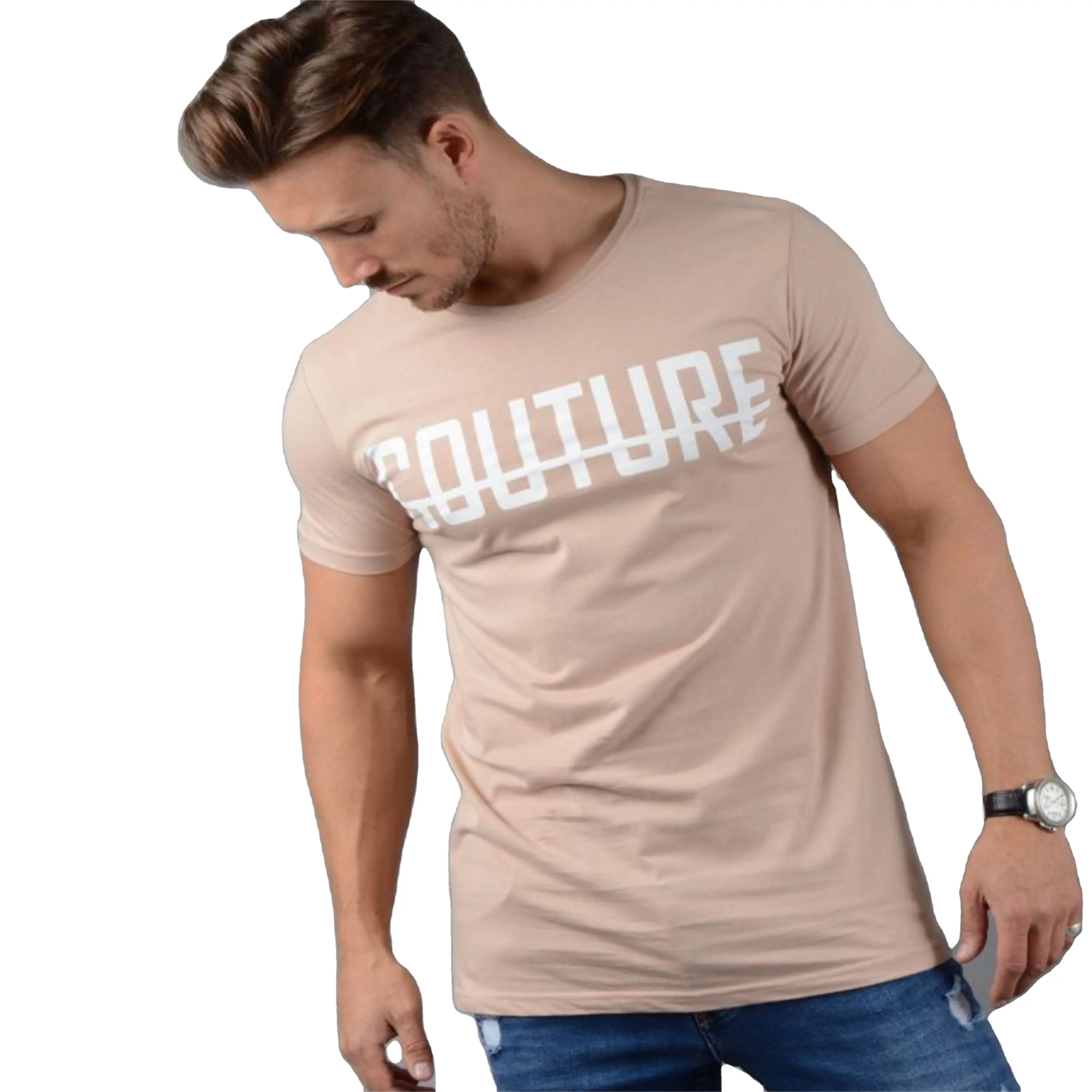 100% ince halka bükülmüş penye pamuk OPtech 200 gsm tek Jersey Slim Fit kısa kollu kum erkek uzun boy tişört