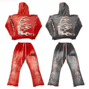 Survêtements en coton OEM pour hommes, sweat à capuche en molleton surdimensionné, ensembles de jogging imprimés patchwork avec pantalon évasé empilé pour l'hiver - Product Image 2