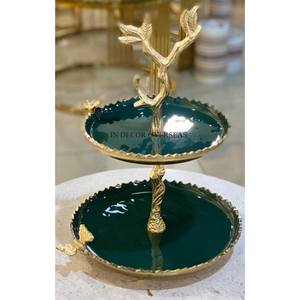 สีเขียวและสีทองสะดุดตาแบบโลหะ2ชั้นแท่นวางเค้กสำหรับงานแต่งงานและงานครบรอบ - Product Image 1
