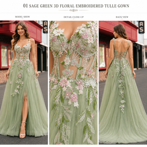 <span class=keywords><strong>Robe</strong></span> <span class=keywords><strong>de</strong></span> soirée élégante pour femme en tulle brodé, avec appliques florales à sequins, corset, coupe trapèze, longue, pour soirée formelle, avec fente - Product Image 2