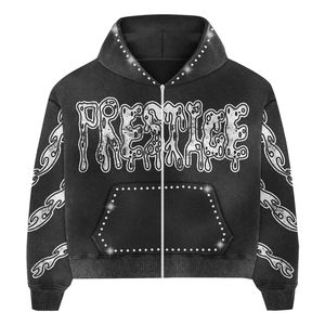 Sudadera con capucha y cremallera con diamantes de imitación, sudadera de gran tamaño con gráfico de goteo de lujo para hombres y mujeres, ropa de calle, diseño de cadena de Hip Hop, mezcla de algodón - Product Image 3