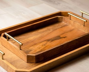 Ensemble de plateaux de service rectangulaires en bois de luxe avec poignées en laiton, plateaux décoratifs empilables pour la maison, la cuisine, l'hôtel, les cadeaux - Product Image 6