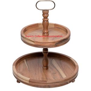 Wholesale Restaurant Party 2 Tier Acacia Wooden <b>Cake</b> Serving Tray Stand Gold Handle Dessert Display Platter For <b>Wedding</b> Party - Product Image 4