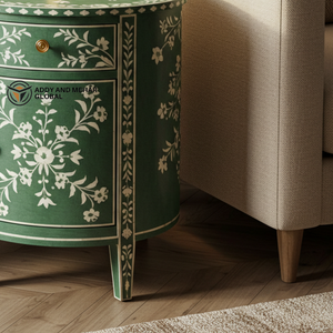 Mesita de noche con incrustaciones de hueso verde hecha a mano, mesita de noche con tres cajones y patrón floral - Product Image 5