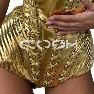 Corset Overbust en PVC métallisé doré brillant à bonnets pointus et à lacets sur le devant - Product Image 5