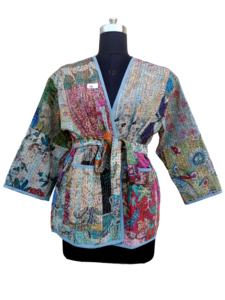 Kimono Stone Wash Kantha 100% coton imprimé court pour femmes, style décontracté taille mi-haute, poches, ceinture pour la mode automne-hiver - Product Image 4