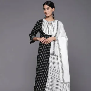 Exclusive Designer Latest 2024 Ethnic Collection Ready To Wear Black Yoke Design Cotton Straight Kurta With Salwar & Dupatta Set