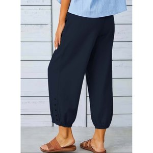 Pantalon pour femme avec ceinture élastique et détails boutonnés, 36568 - Bleu marine - Product Image 3