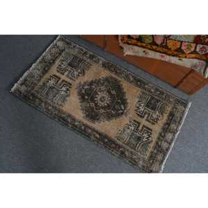 Turkish Vintage Small Rug 1.7x3.2 ft, <b>Brown</b> <b>Wool</b> Rug - Product Image 4