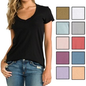 Camiseta informal con cuello en V para mujer 100% algodón ecológico transpirable antiarrugas tejido de punto patrón sólido pantalla de seda de verano - Product Image 2