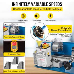 Mini tour à métaux de précision 7x14 pouces, 550W, vitesse variable 50-2500 tr/min, sur table, avec lampe mobile et engrenage en nylon pour outil de tournage - Product Image 2