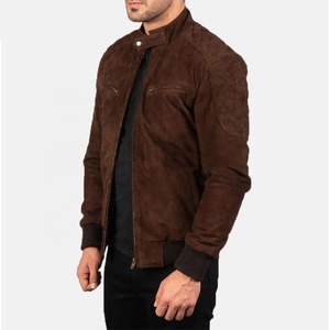 Unisex Brown <b>Suede</b> Waterproof Bomber <b>Jacket</b> Stand Collar Zipper Closure Casual Slim Fit Autumn Style Regular Sleeve Solid Front - Product Image 3