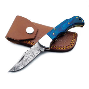 Handmade Damascus Steel Pocket <b>Knife</b> With Blue PakkaWood Handle Back Lock <b>Folding</b> <b>Knife</b> Leather Sheath Hunting Camping <b>Utility</b> - Product Image 4