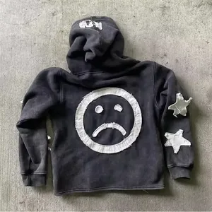 500GSM logotipo personalizado hombres lavado ácido sol se desvaneció parches desgastados sudaderas con capucha bordado de gran tamaño Boxy Fit Zip Up Sudadera con capucha para hombres - Product Image 3