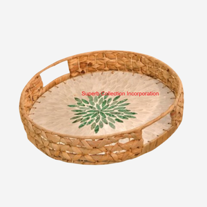 Plateau de service en rotin naturel de qualité supérieure avec incrustation décorative Plateau rond tissé écologique pour la décoration intérieure Plateau de service de cuisine - Product Image 2