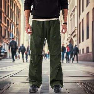 Pantalon cargo vert olive pour homme, taille élastique, plusieurs poches, style décontracté, tissu en toile mi-lourd, vêtements d'automne - Product Image 1