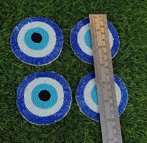 Jaunty Tri-Color Glass Beads & Fabric Round Hand Embroidered Premium Quality <b>Beaded</b> <b>Coaster</b> Set - Product Image 2