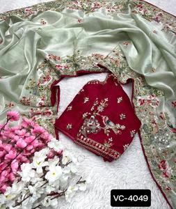 Indian Party Wear Saree Collections Heavy Jimmi Cho Saree with Banglory Silk with Both Side Embroidery Work Blouse Pieces - Product Image 1