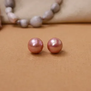 Boucles d'oreilles clous en perles d'eau douce roses pour femmes, argent 925, géométriques classiques, qualité AAA, plaqué argent, certifiées par un tiers, ART - Product Image 2