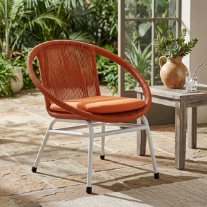 Silla de exterior tejida naranja con estructura de metal blanco, silla de comedor de cuerda, silla de patio con cojín, diseño artístico decorativo - Product Image 3