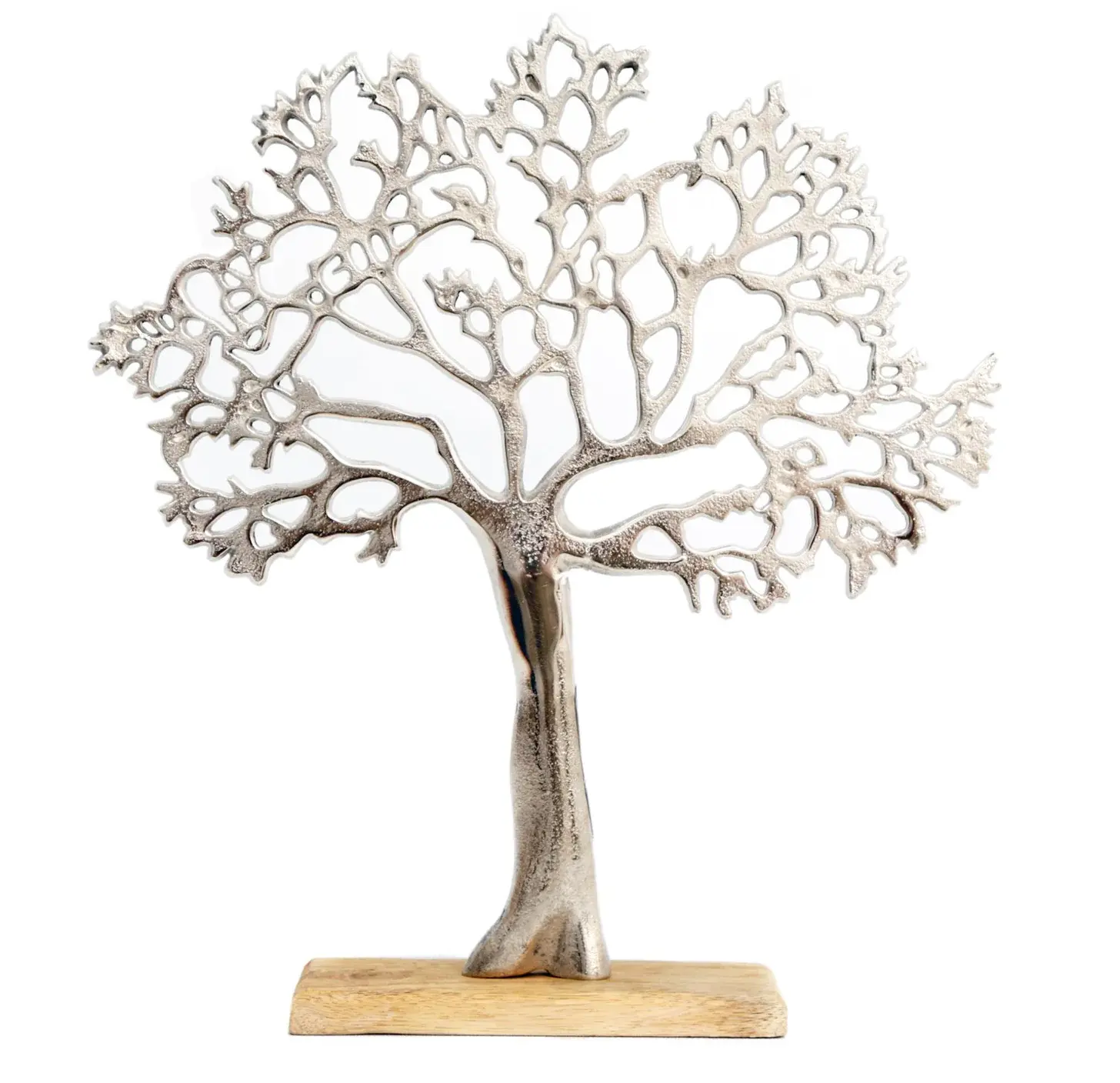 Home and Gifts Silver Metal Tree Decorative Ornament On Wooden Base Aluminium Tree Sculpture Handmade Silver