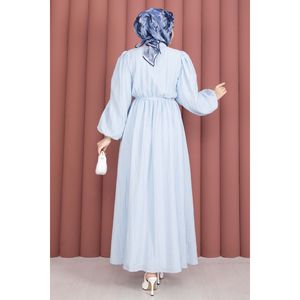 ชุดเดรสฮิญาบแขนบอลลูนสีฟ้าอ่อน กระดุมครึ่งตัว เอวทรงธรรมชาติ - Product Image 6