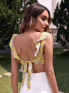 Best Quality 100% Cotton New Design Casual Party Wear Crop <b>Floral</b> Ruffle Trim <b>Tie</b> Back Top for Women's and Girls - Product Image 4